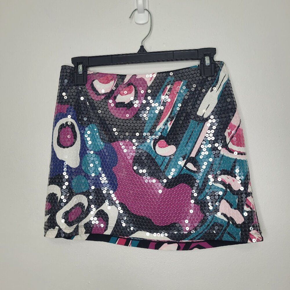 y2k Express teal purple abstract print mini going out party skirt size 4